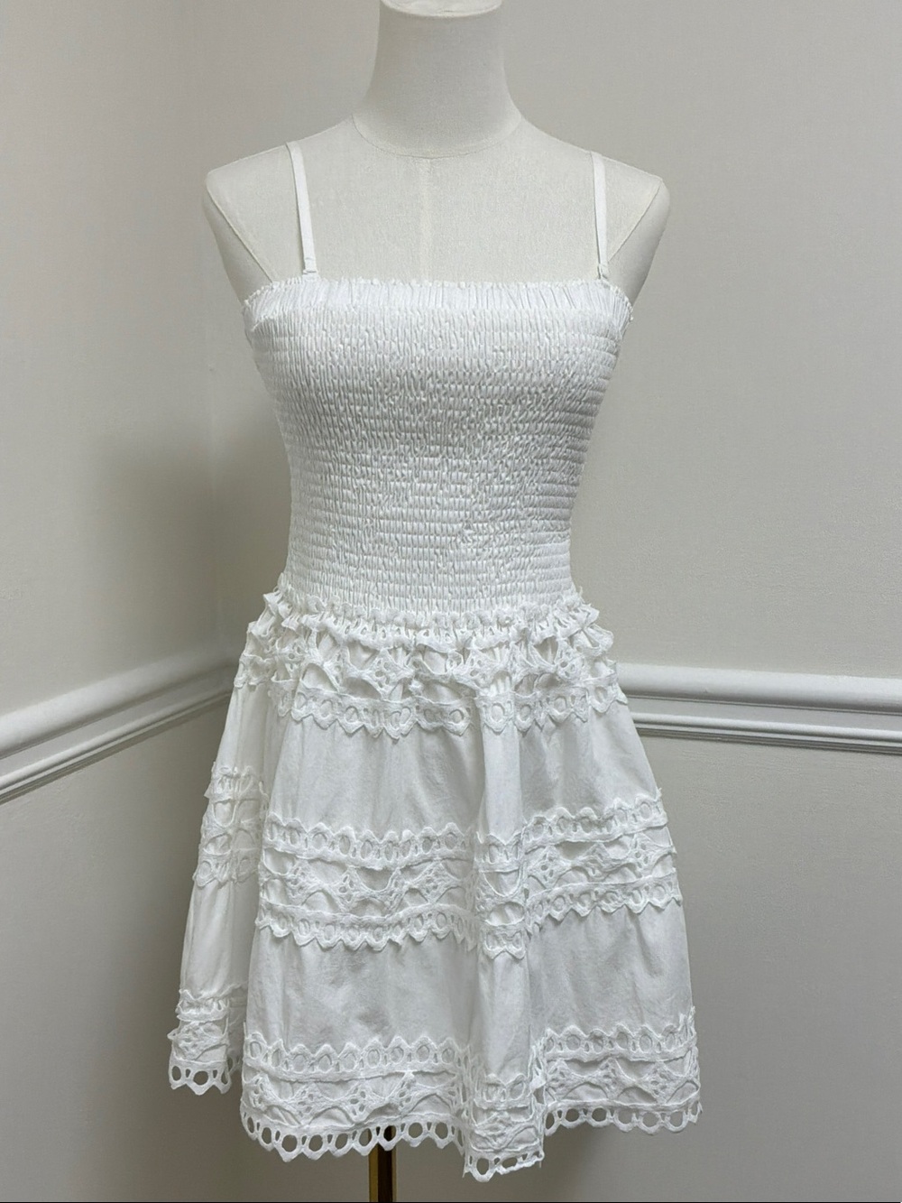 Just Me White Smocked Sundress with Lace Trim